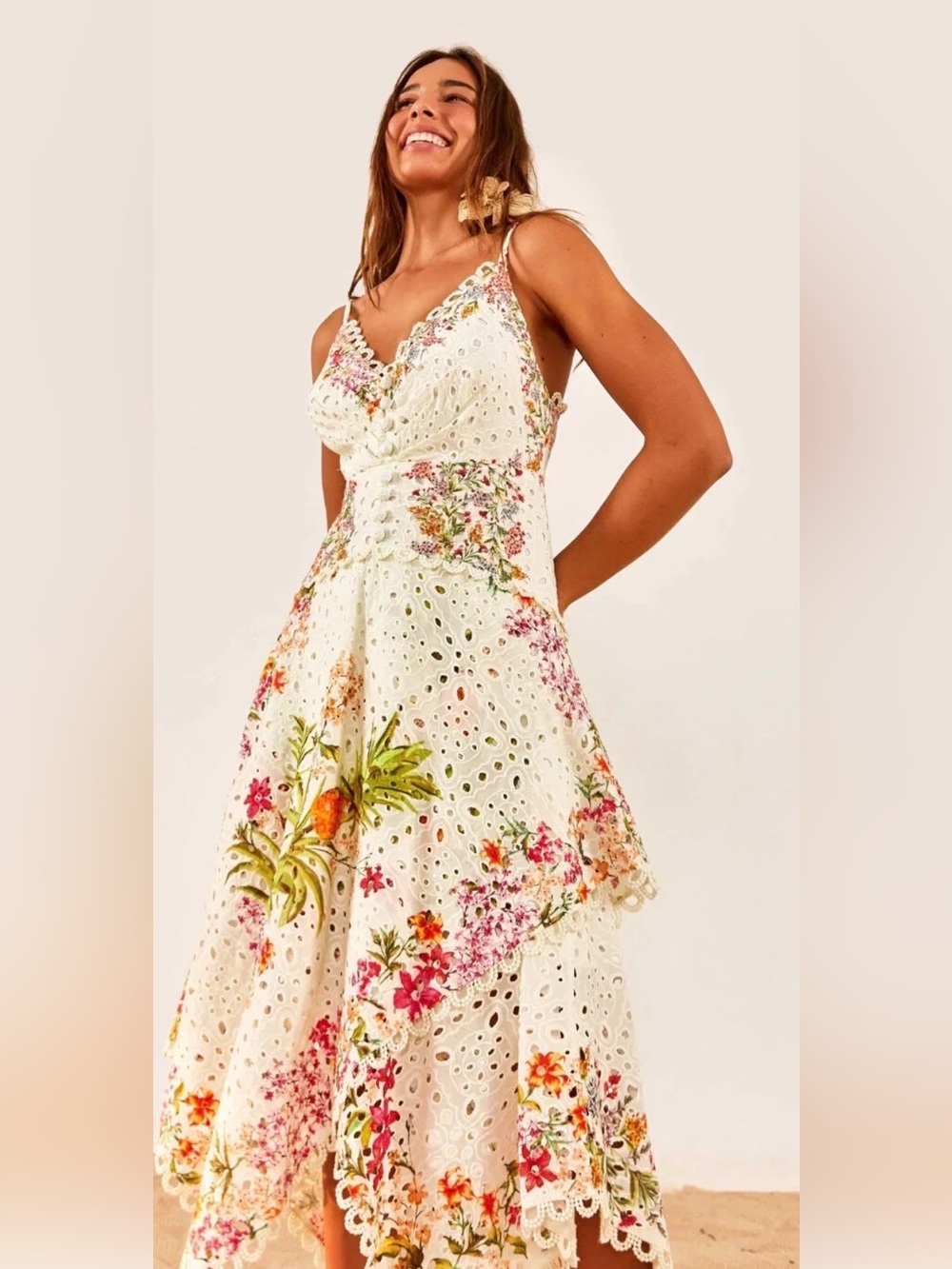 FARM RIO Floral Eyelet Midi Dress in Cream